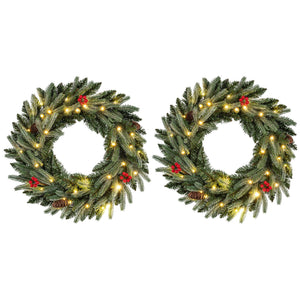 24” Pre-lit Christmas Wreath Set of 2 Front Door Artificial Xmas Wreath with 90 Frosted Branch Tips