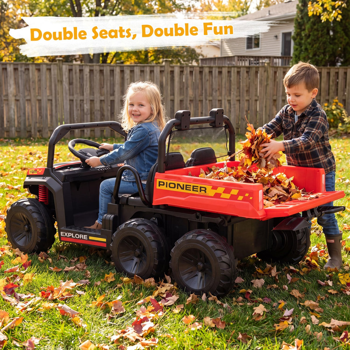 24V 2-Seater Kids Ride on Dump Truck 4WD with Electric Dump Bed and Lights-Red view 2