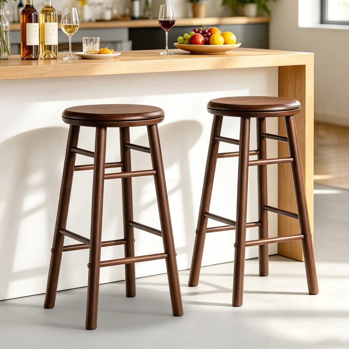 24 inches Swivel Bar Stools Set of 2 with Footrests & Crossbars-Walnut view 2
