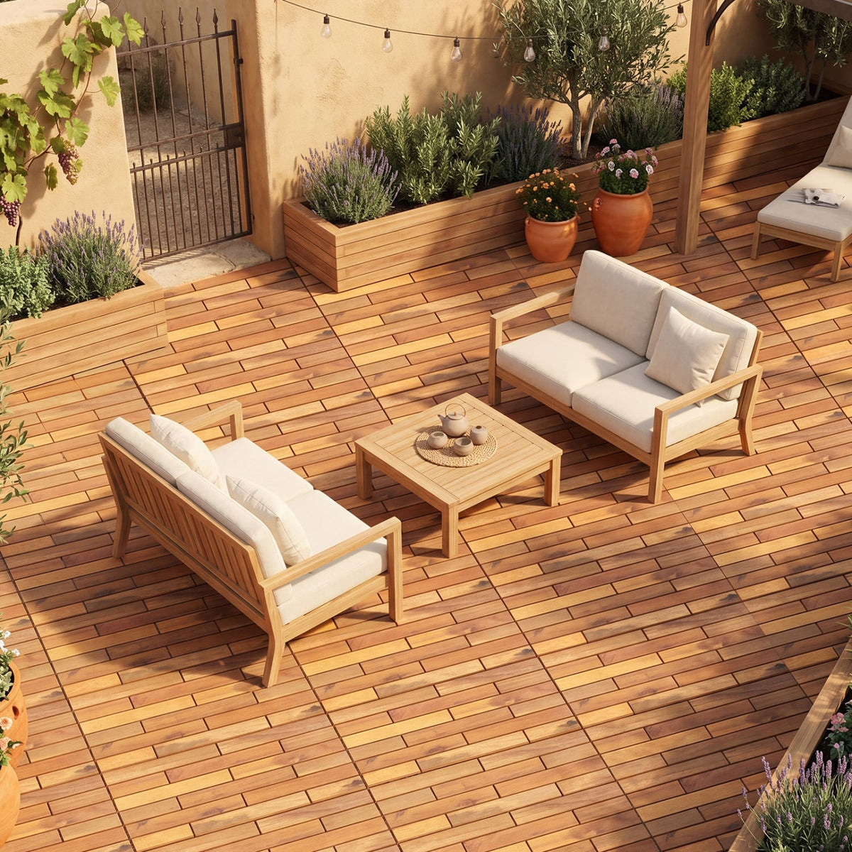 24 x 12 Inch 12 Pieces Acacia Wood Interlocking Deck Tiles with Waterproof Design-Natural view 2
