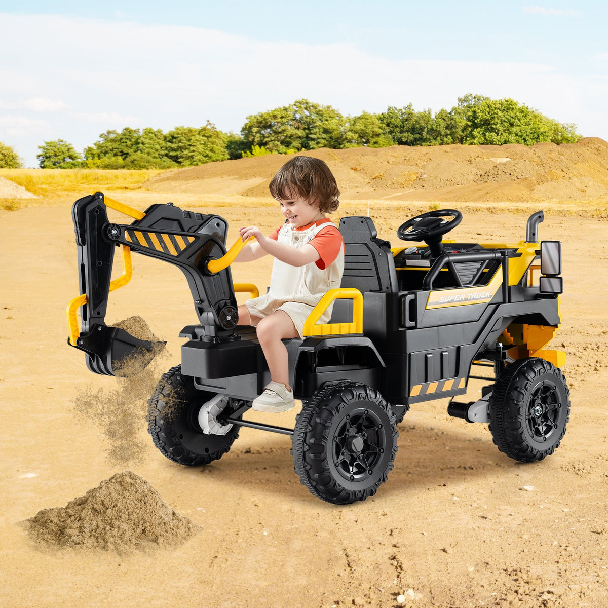 24V Ride On Excavator 4WD 2-Seater with Remote Control and Digging Arm-Yellow view 2