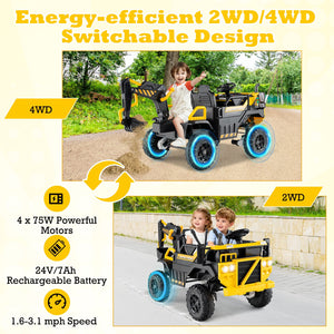 24V Ride On Excavator 4WD 2-Seater with Remote Control and Digging Arm-Yellow view 6