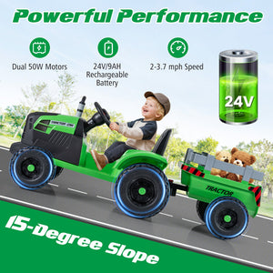 24V Ride On Tractor for Kids Electric Vehicle with Detachable Trailer and Remote Control-Green view 9