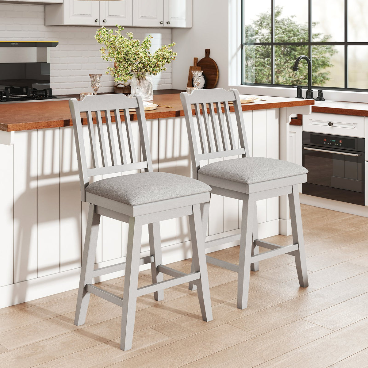 25 inch Modern Bar Stools Set of 2 with Upholstered Swivel Seat-Gray view 2
