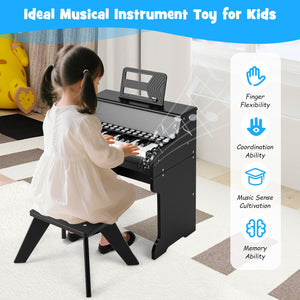 25 Keys Kids Piano Keyboard with Stool Mini Digital Piano Wooden Toy with Adjustable Speed and Volume-Black view 9