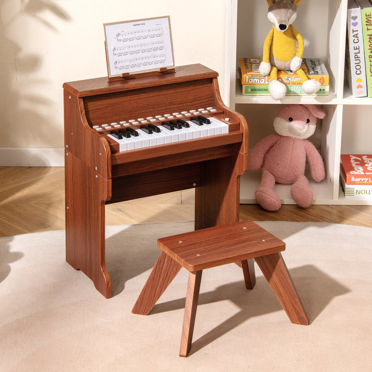 25 Keys Kids Piano Keyboard with Stool Mini Digital Piano Wooden Toy with Adjustable Speed and Volume-Brown view 2