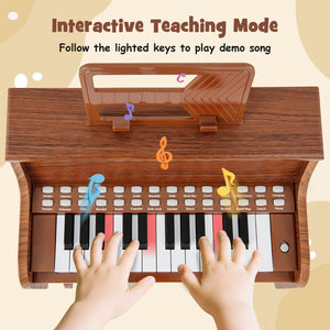 25 Keys Kids Piano Keyboard with Stool Mini Digital Piano Wooden Toy with Adjustable Speed and Volume-Brown view 7
