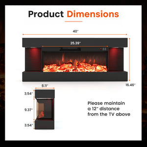 26 inches 3-Sided Wall Mount Electric Fireplace with 40 inches Floating Mantel for Living Room-40 inches view 5