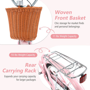 26 Inch Beach Cruiser Bike for Women with Woven Basket and Rear Rack - Pink view 8