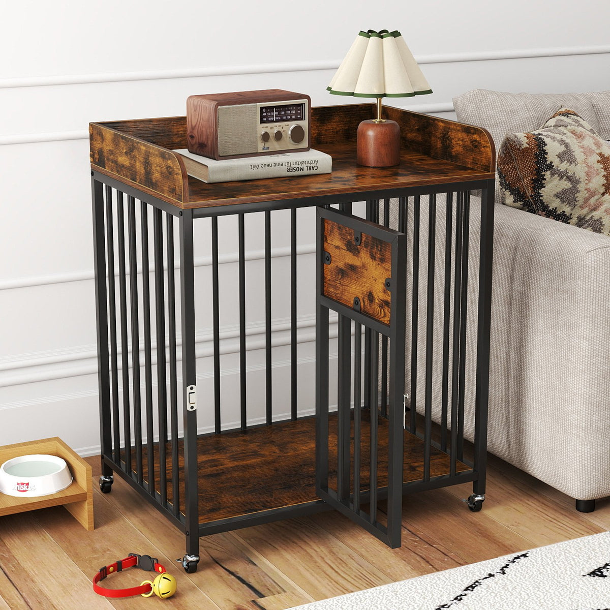 27.5 Inch Dog Crate Furniture with Wheels for Small Dogs and Puppies-Rustic Brown view 2