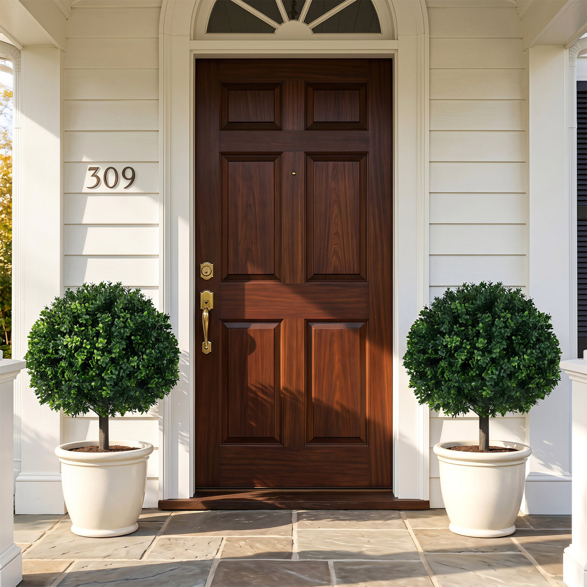 27 inches Artificial Boxwood Topiary Trees Set of 2 with Ground Spikes for Porch Patio view 2