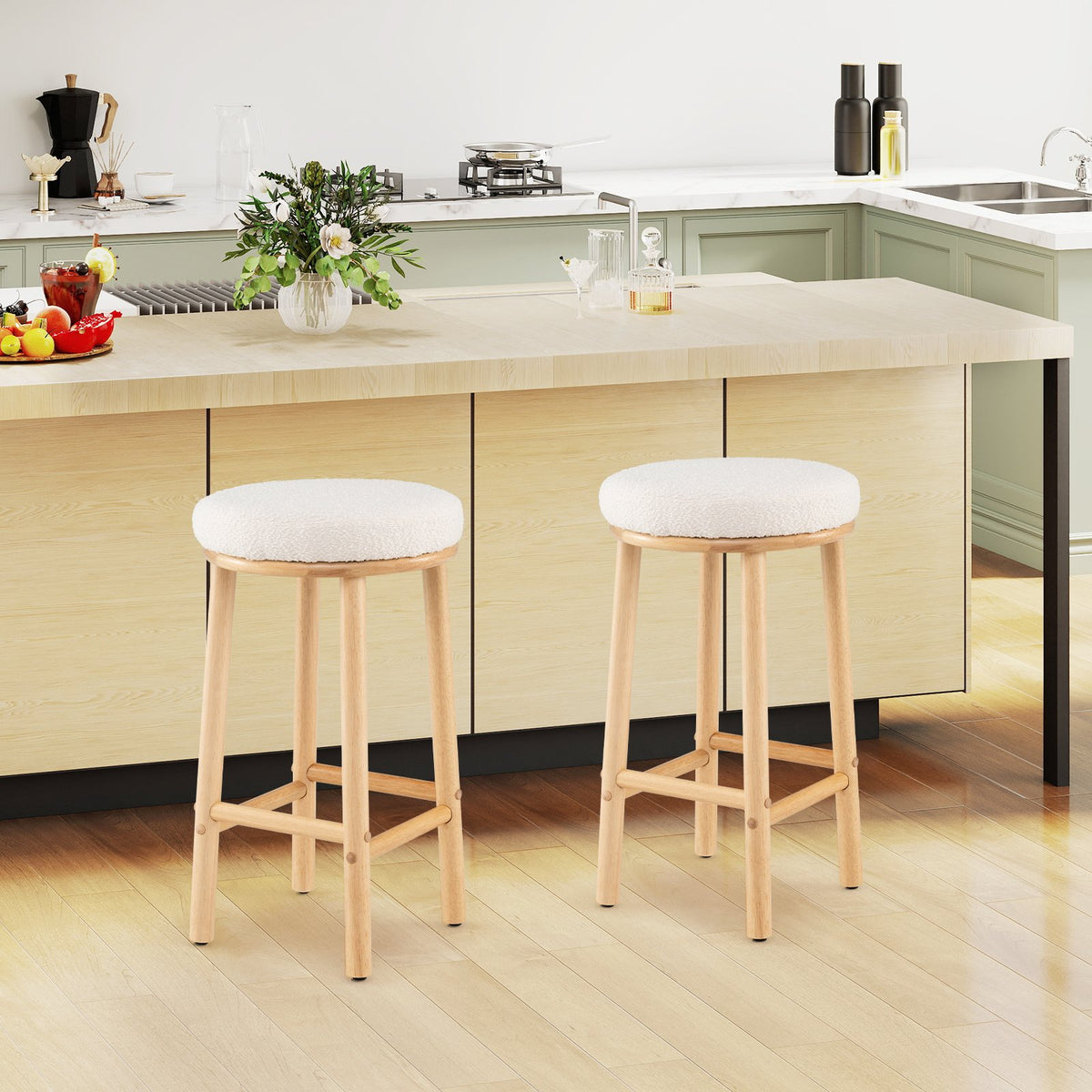 27 inches Bar Stools Set of 2 Upholstered Barstools with Boucle Fabric Seats-White view 2
