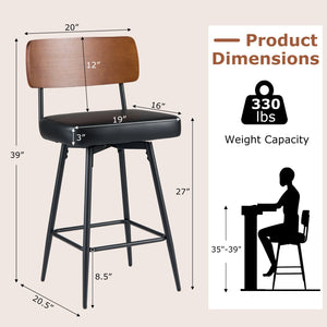 27 Inch Padded Counter Barstools Set of 2 with Metal Legs-Black view 4