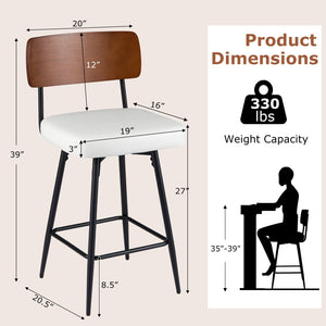 27 Inch Padded Counter Barstools Set of 2 with Metal Legs-White view 4