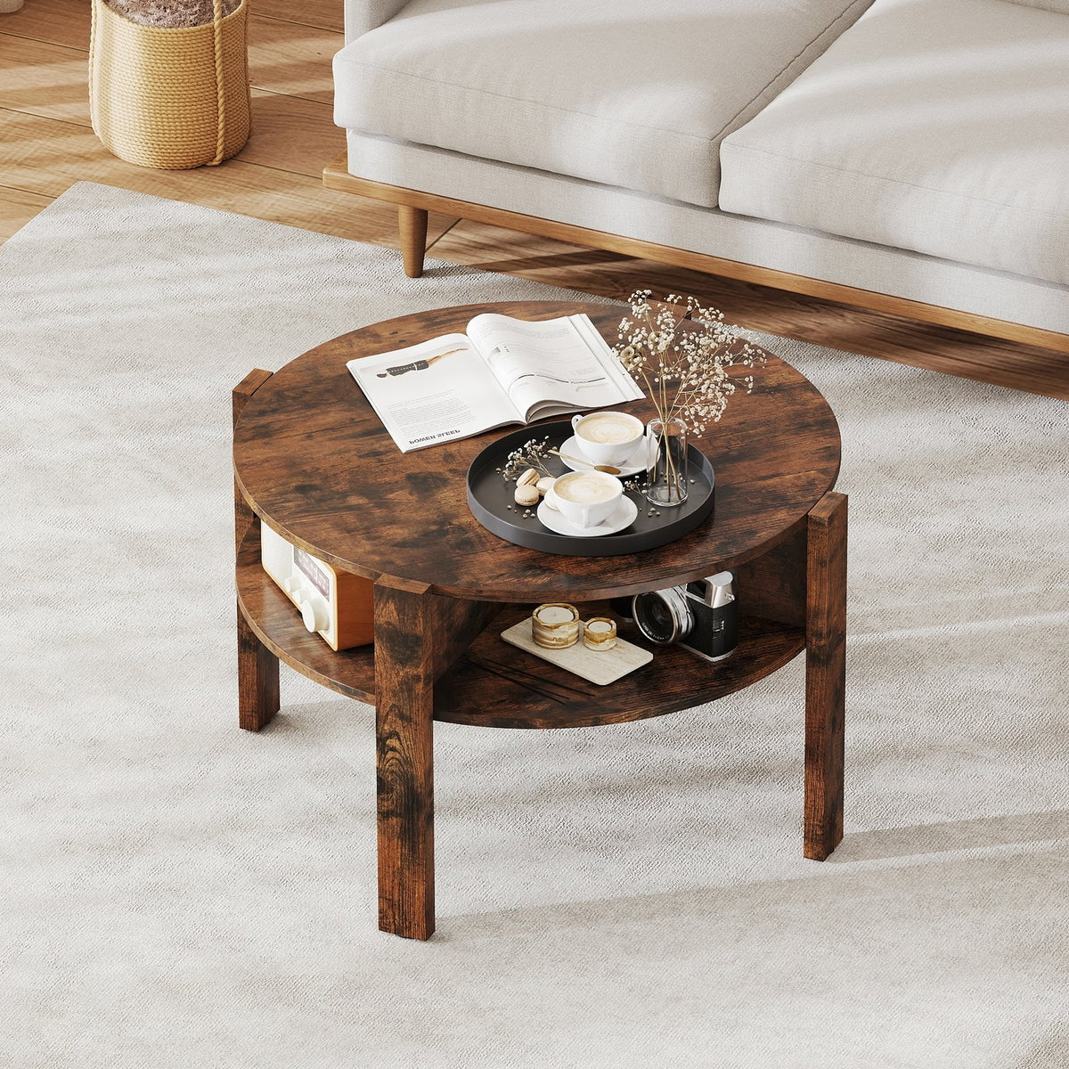 29.5 Inch Round Coffee Table with Storage Shelves for Small Space-Rustic Brown view 2
