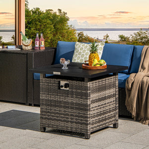 29 Inch Propane Rattan Firepit Table with Lava Rocks and Protective Cover-Gray view 3