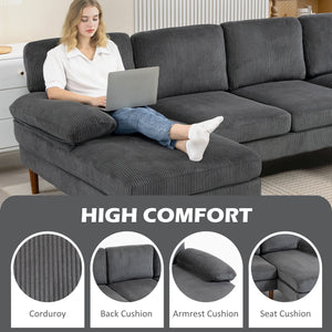 U Shape Couch with Double Chaise Lounge, Modern 4 Seater Sofa with Wooden Legs, Fabric Sofa for Living Room, Dark Grey