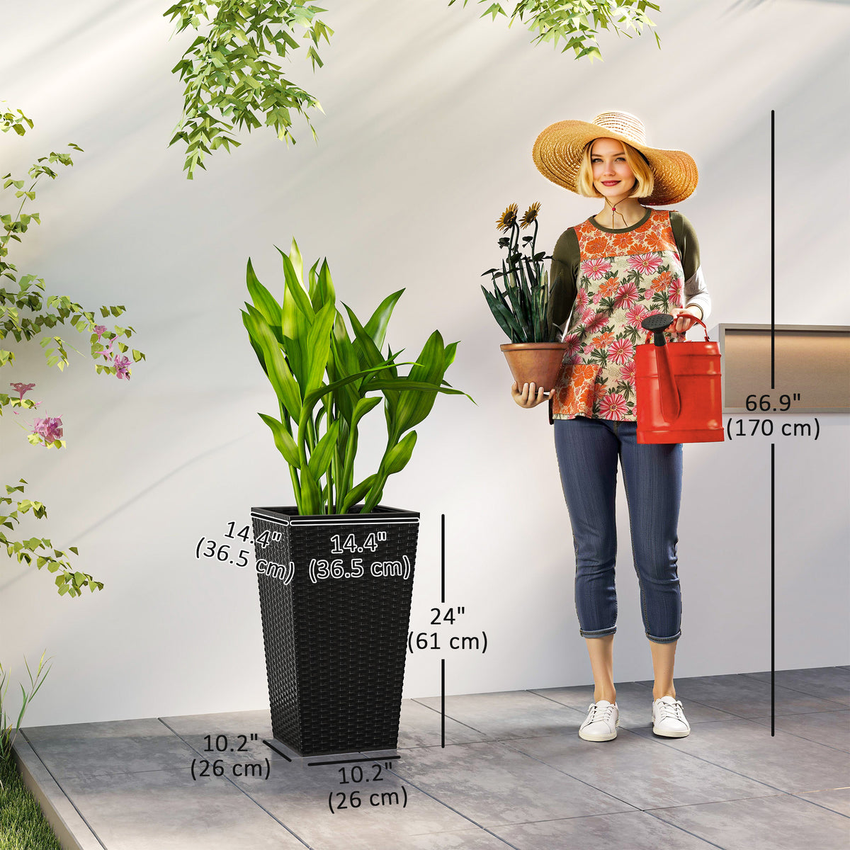 Set of 3 Tall Plant Stand, Outdoor & Indoor Flower Pot Set for Front Door, Entryway, Patio and Deck, Black – view 2