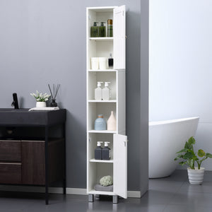 Tall Bathroom Storage Cabinet with Mirror, Freestanding Narrow Linen Tower Cabinet with Adjustable Shelves for Bathroom, White