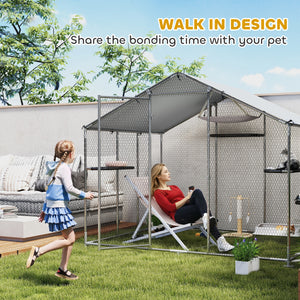 Large Catio Outdoor Cat Enclosure with Waterproof Cover, Walk-in Cat Patio w/ 5 Adjustable Platforms & Hammock 79" W