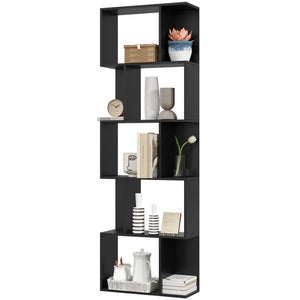 5-Tier Geometric Bookshelf, S Shaped Bookcase, Modern Freestanding Display Shelf Unit for Home Office, Black
