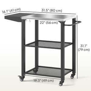 3-Shelf Outdoor Grill Cart Table with Side Handle, Stainless Steel Pizza Oven Stand on Wheels, Black – view 9