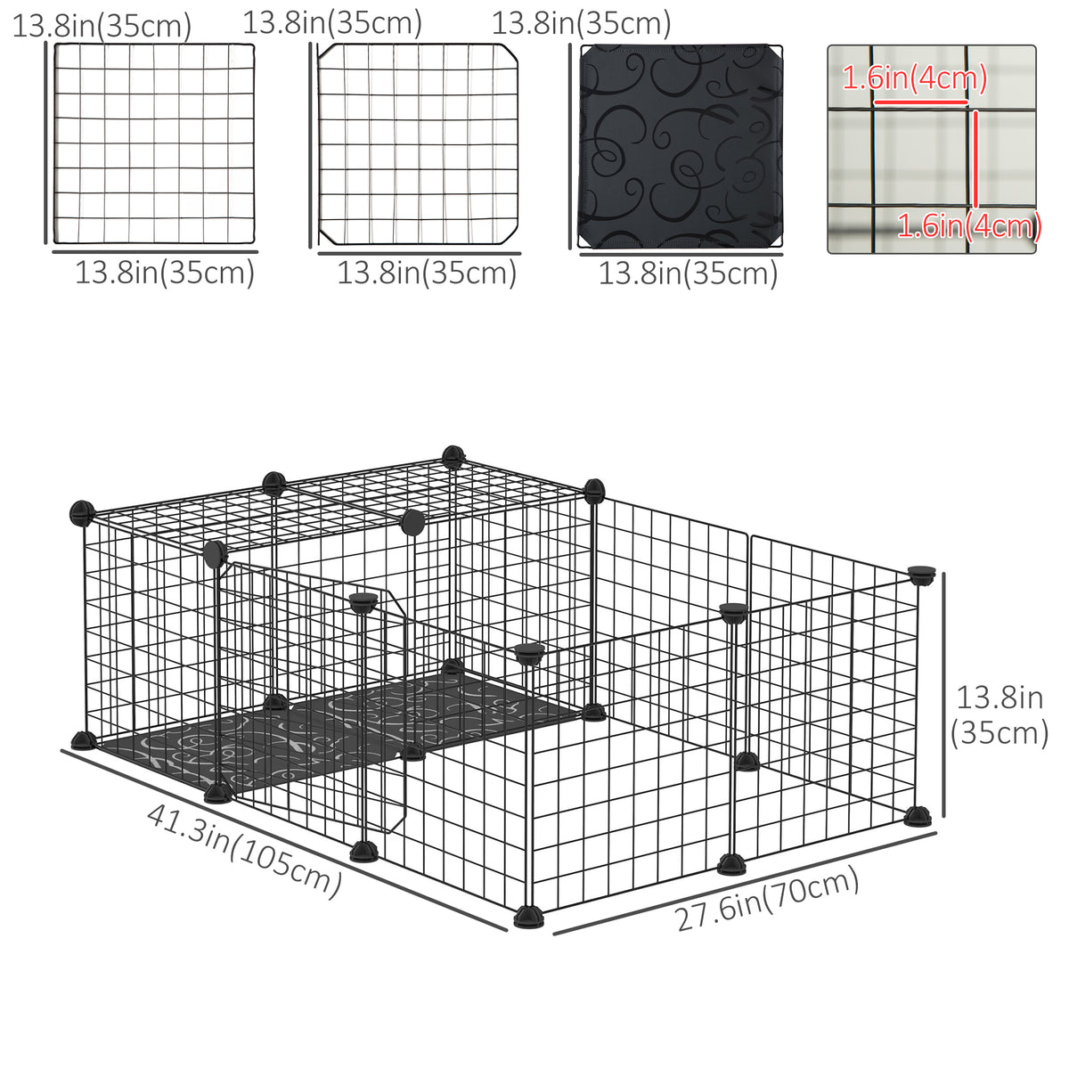 Small Animal Cage with 16 Panels, Portable Metal Wire Pet Fence with Door, Non-slip Feet for Bunny Guinea Pig
