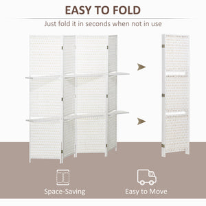 4 Panel Room Divider with Shelves, 6 FT Freestanding Folding Privacy Screen, Partition Wall Divider for Bedroom, White