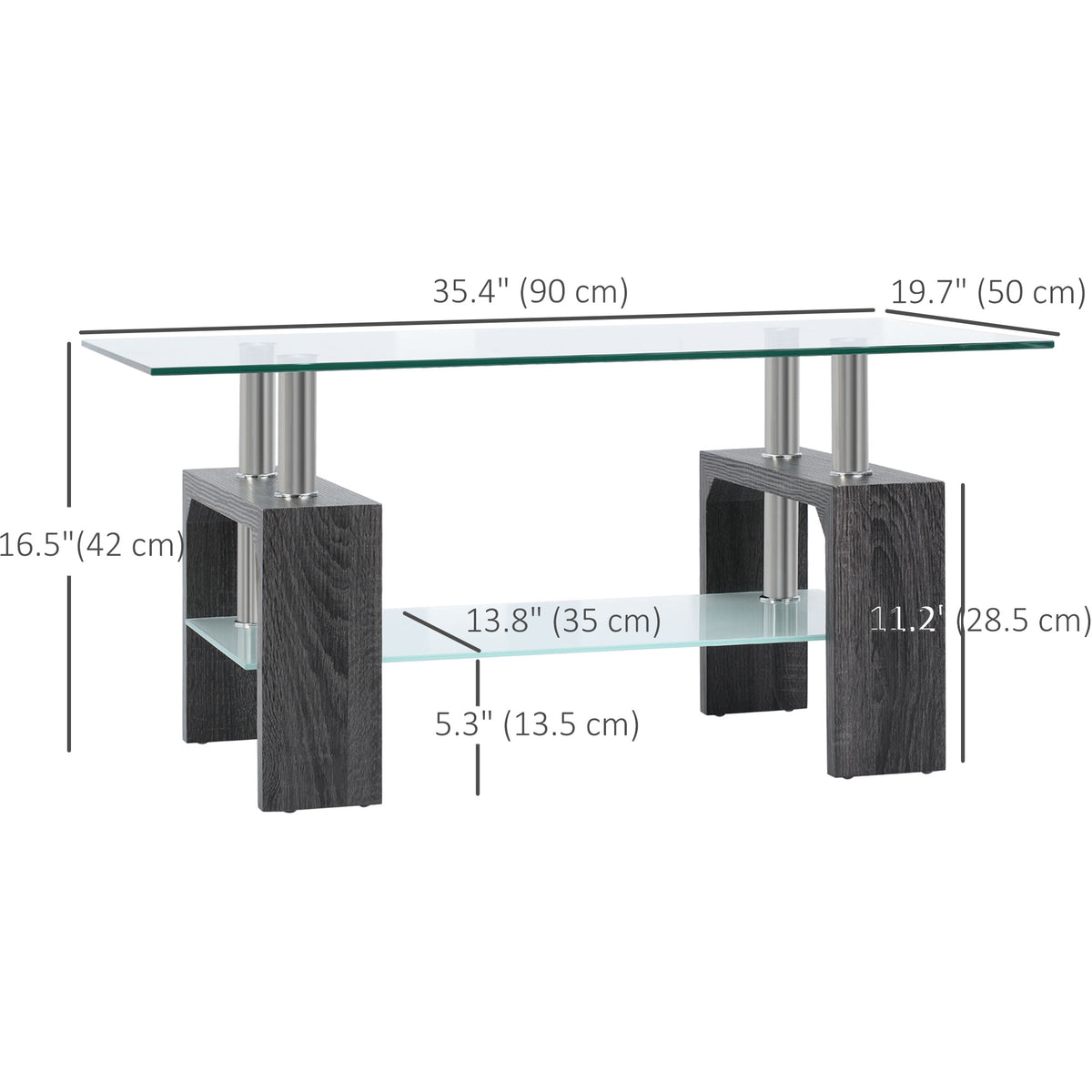Rectangle Glass Coffee Table, 2-Tier Center Table with Tempered Glass Top and Storage Shelf for Living Room, Grey