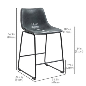 Counter Height Bar Stools Set of 2, Vintage PU Leather Bar Chairs, Kitchen Stool with Footrest, Black
