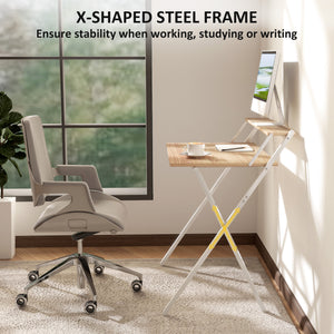 Folding Computer Desk, 32" Foldable Desk with Monitor Shelf for Small Space, Home Office, Easy Assembly, Natural Wood