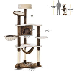 60" Cat Scratching Tree, Cat Bed Condo Post House Pet Furniture Toys-Brown & Beige