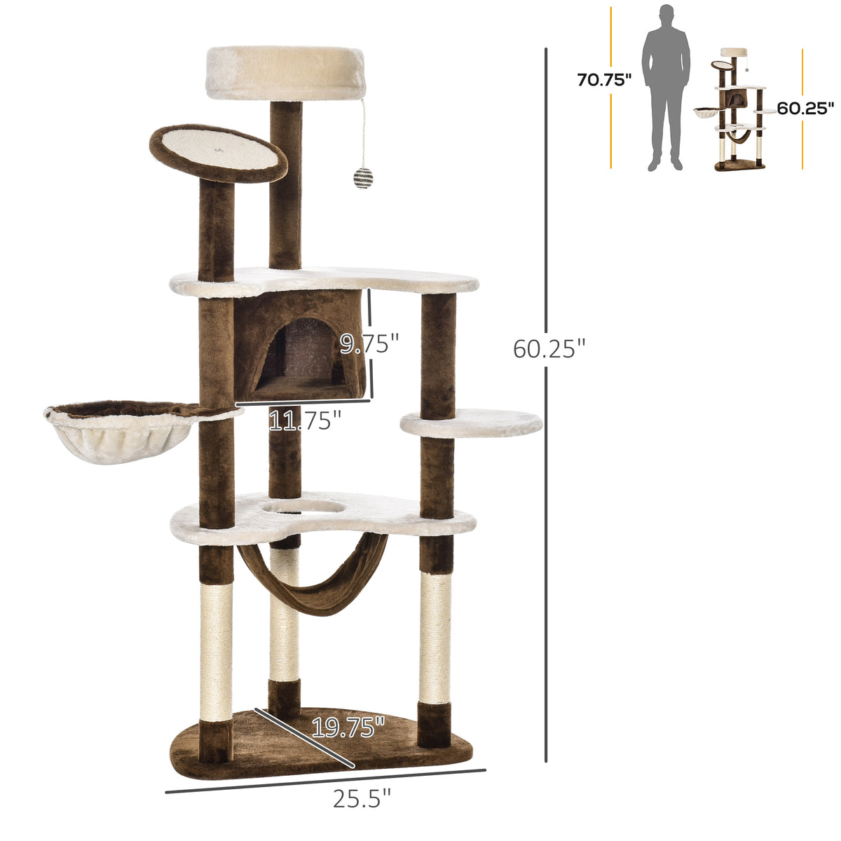 60" Cat Scratching Tree, Cat Bed Condo Post House Pet Furniture Toys-Brown & Beige