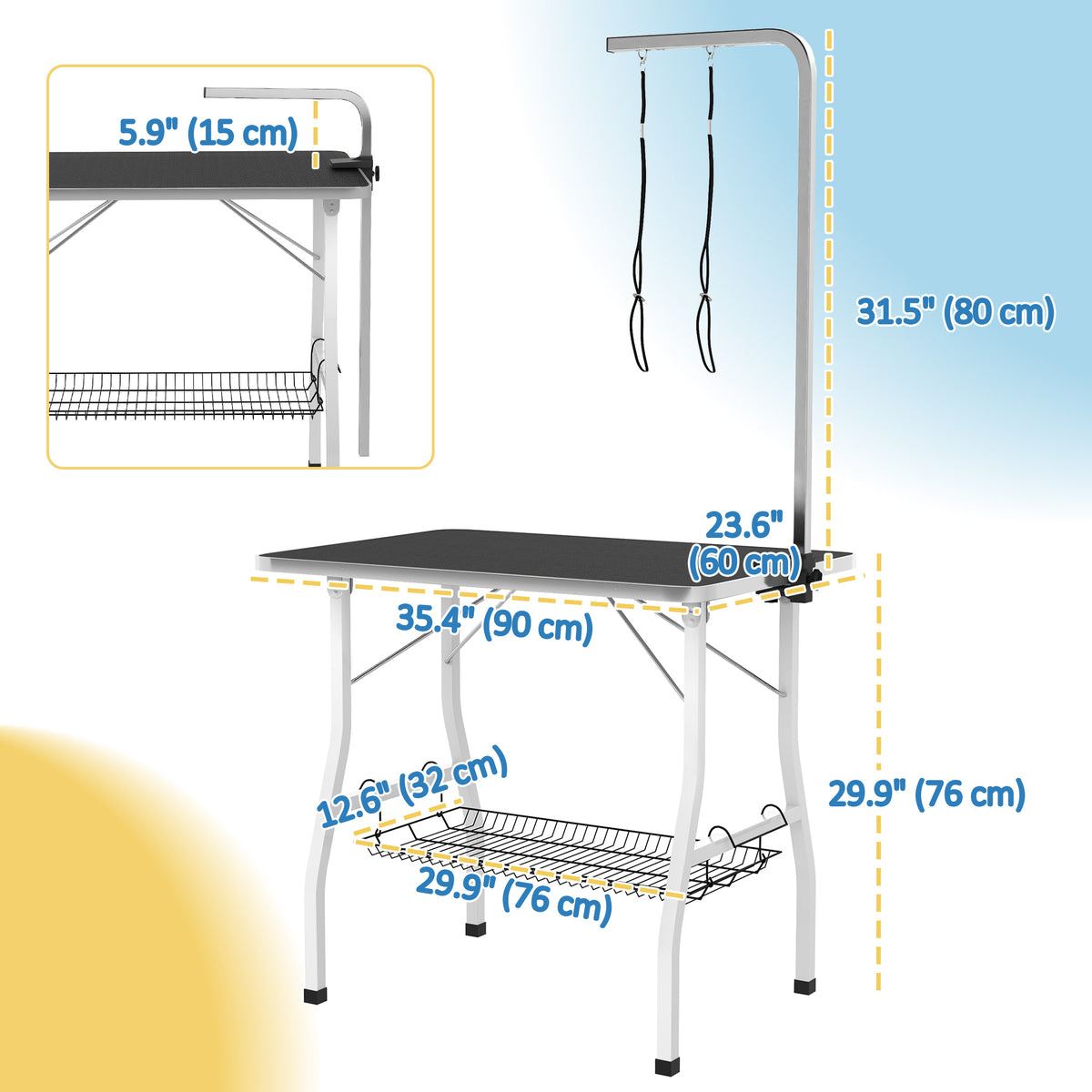 Dog Grooming Table w/ Adjustable Arm, Mesh Tray, Two Nooses, Rubber Surface, 35" x 24" x 61", Black