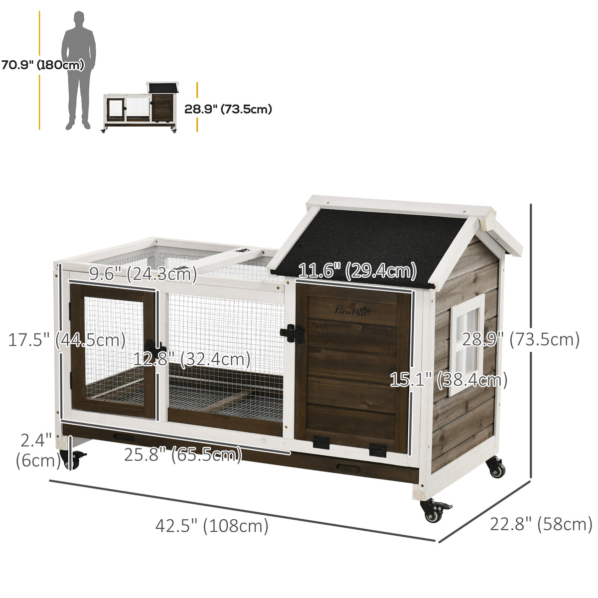 Rabbit Cage with Wheels, Ramp, Run, Tray for Indoor Outdoor, Suitable for Rabbit, Guinea Pig, Coffee – view 2