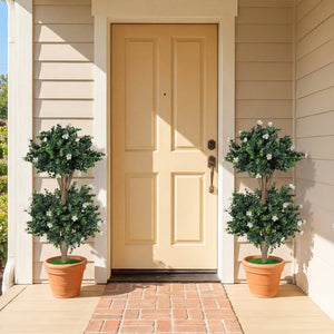 2 Pack 36 inches Artificial Double Ball Boxwood Topiary Tree with 41 Blossoms-White view 2