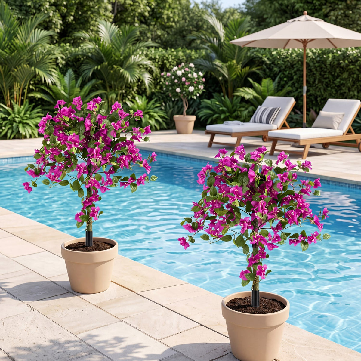 2 Pack Artificial Bougainvillea Trees with Ground Spike and PE Trunks for Porch view 2