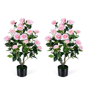 2-Pack Artificial Camellia Tree Faux Flower Plant in Cement-Filled Pot-Pink