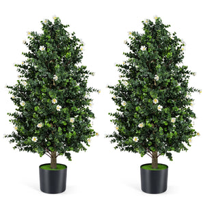 2 Pack Artificial Topiary Cone Tree Faux Potted Shrub Plant with 49 Flowers-White view 4