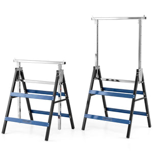 2 Pack Heavy Duty Metal Folding Saw Horses with Adjustable Height- Blue