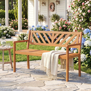 2-Person Patio Acacia Wood Garden Chair with Armrests and Backrest for Porch view 3