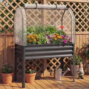 2 Pieces Galvanized Raised Garden Bed with Legs and Greenhouse Cover for Vegetable Flower-Gray view 2
