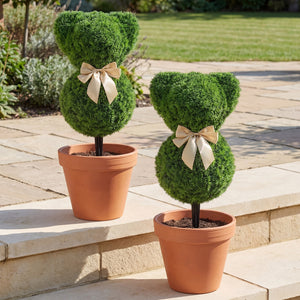 2 Pieces Teddy Bear Topiary Trees Sun-resistant Faux Boxwood Plants with Bowknot view 2