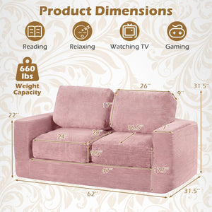 2-Seater Floor Couch Loveseat Foam Sofa with Removable Corduroy Cover-Pink view 5