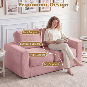 2-Seater Floor Couch Loveseat Foam Sofa with Removable Corduroy Cover-Pink view 7