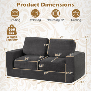 2-Seater Floor Couch Loveseat Foam Sofa with Removable Corduroy Cover-Black view 5