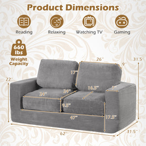 2-Seater Floor Couch Loveseat Foam Sofa with Removable Corduroy Cover-Gray view 5