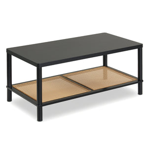 2-Tier Boho Coffee Table for Living Room Rectangular Center Table with Rubber Wood Frame and PVC Rattan Storage Shelf-Black view 4