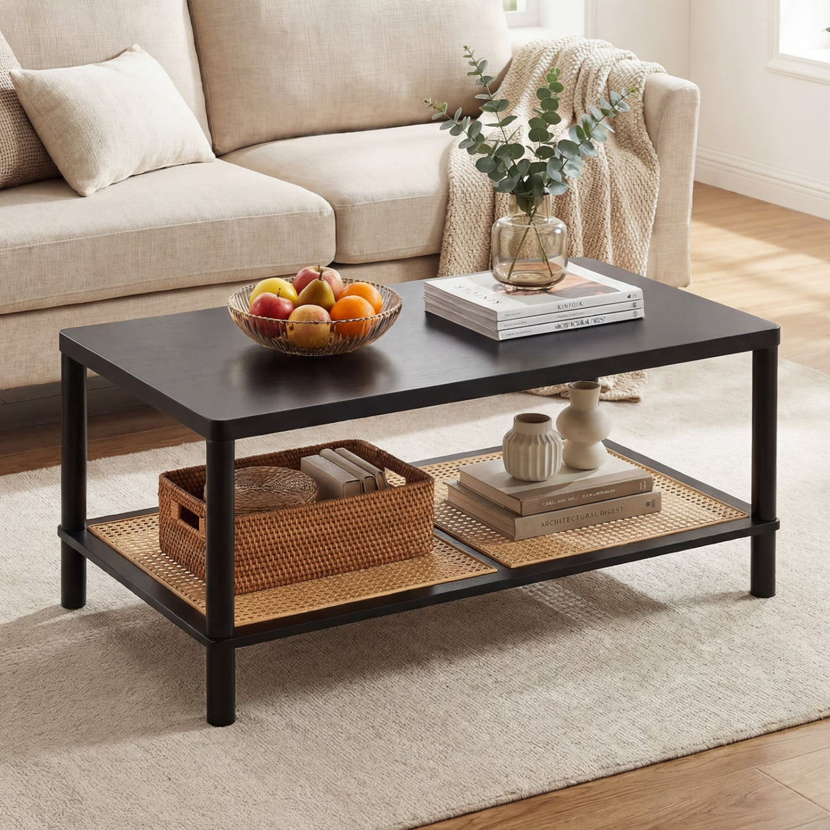 2-Tier Boho Coffee Table for Living Room Rectangular Center Table with Rubber Wood Frame and PVC Rattan Storage Shelf-Black view 2