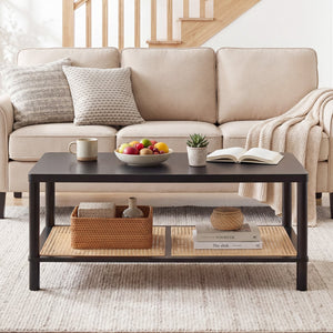 2-Tier Boho Coffee Table for Living Room Rectangular Center Table with Rubber Wood Frame and PVC Rattan Storage Shelf-Black view 3